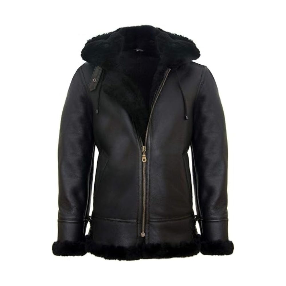 Black Hooded Aviator Leather Jacket