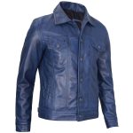 Blue Trucker Leather Jacket