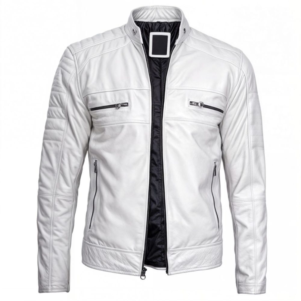 Premium Cafe Racer White Leather Jacket