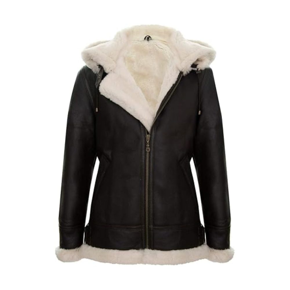 Cream Black Hooded Aviator Leather Jacket