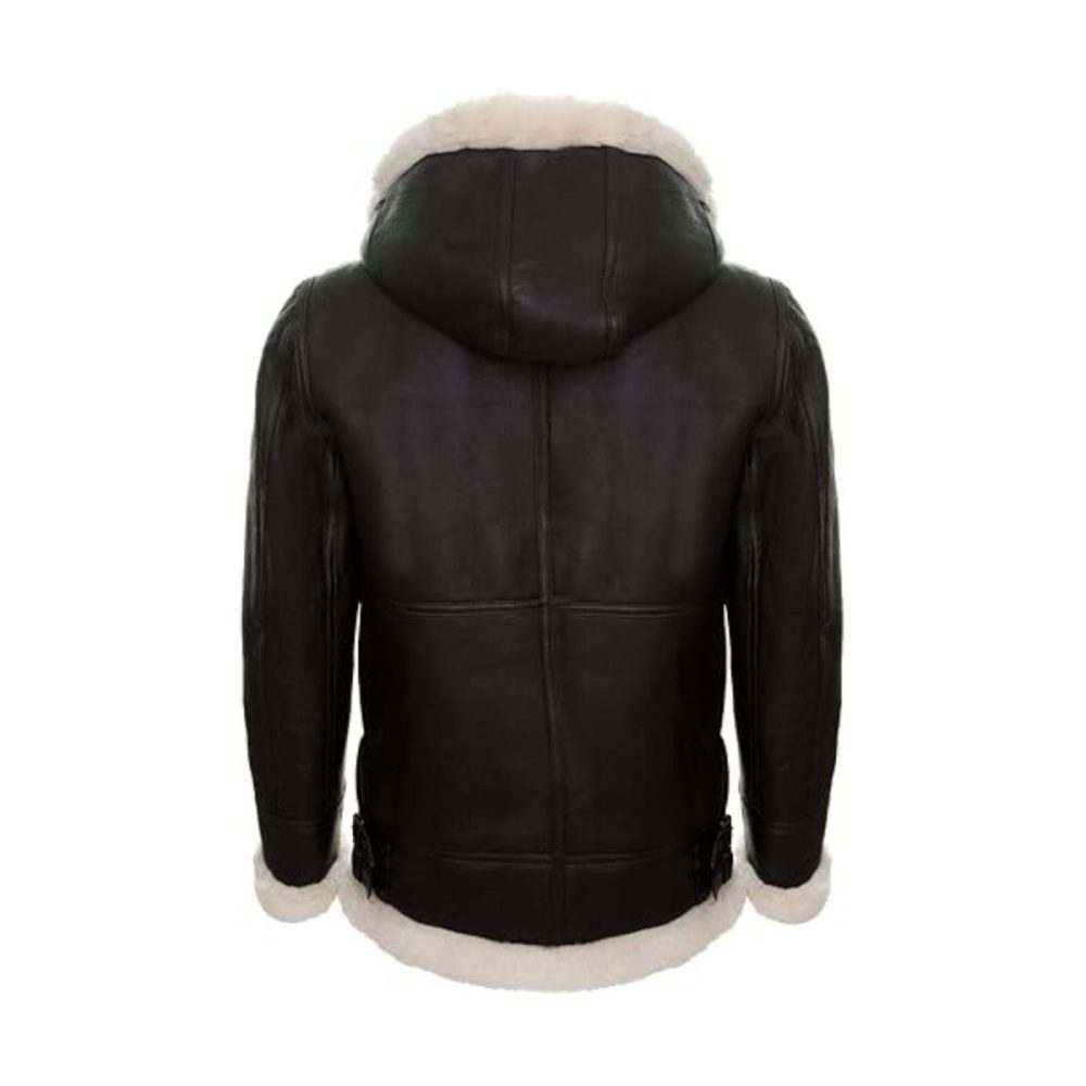 Cream Black Hooded Aviator Leather Jacket