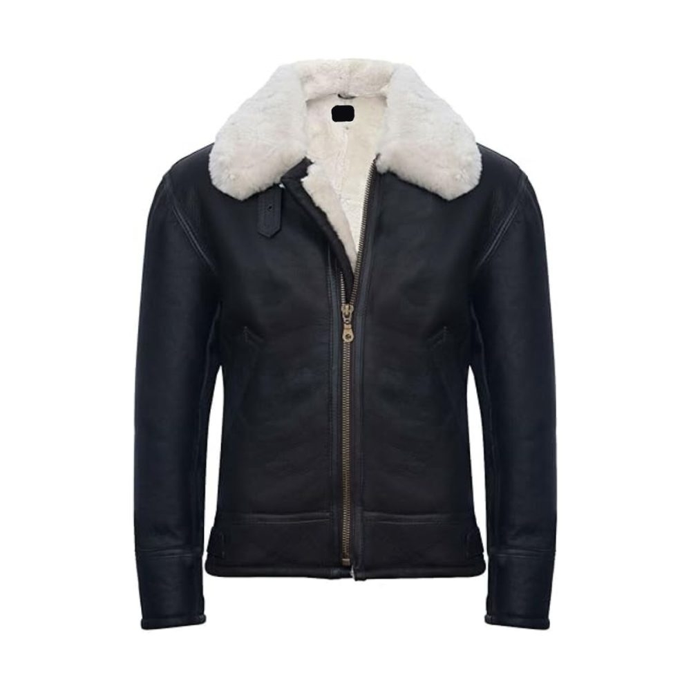Cream Black Shearling Aviator Leather Jacket