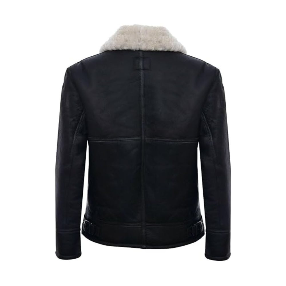 Cream Black Shearling Aviator Leather Jacket