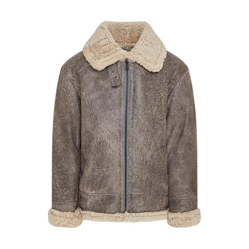 Grey Shearling Aviator Leather Jacket