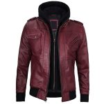 Maroon Leather Jacket with Removable Hoodie