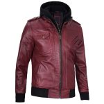 Maroon Leather Jacket with Removable Hoodie