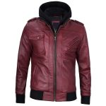 Maroon Leather Jacket with Removable Hoodie