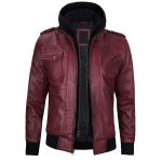 Maroon Leather Jacket with Removable Hoodie