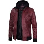 Maroon Leather Jacket with Removable Hoodie