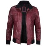 Maroon Leather Jacket with Removable Hoodie