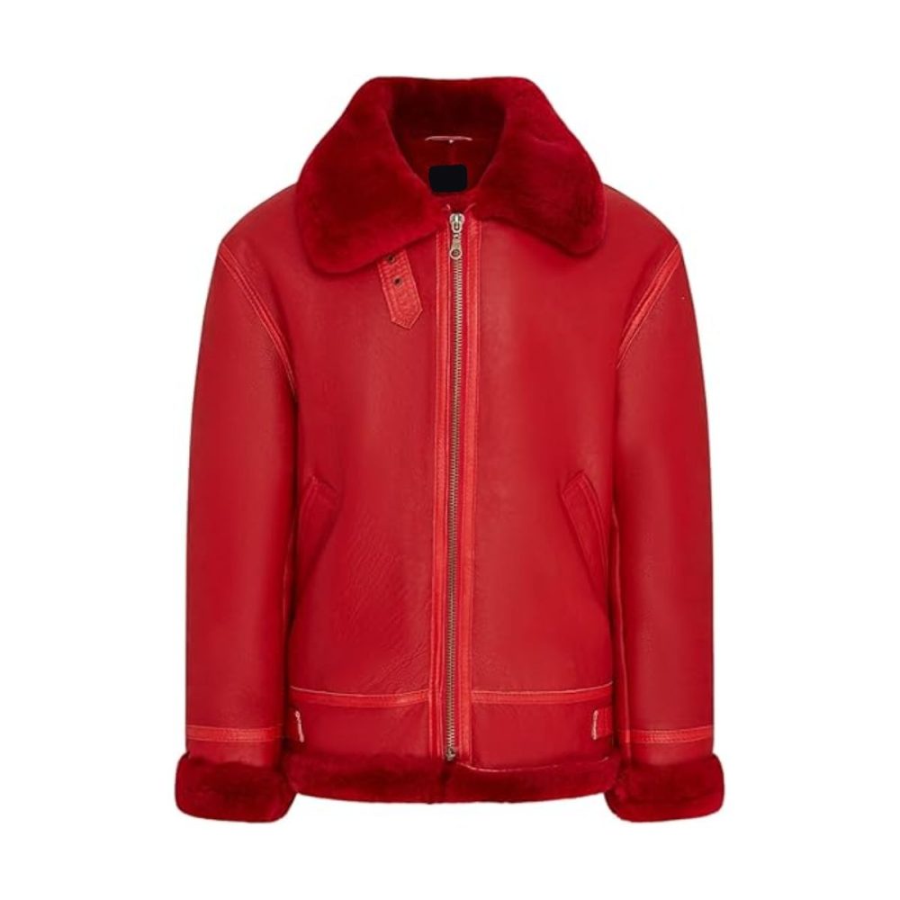 Red Shearling Aviator Leather Jacket
