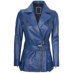 Womens Asymmetrical Blue Leather Biker Jacket
