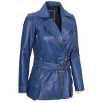 Womens Asymmetrical Blue Leather Biker Jacket