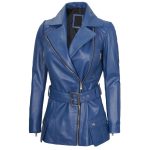 Womens Asymmetrical Blue Leather Biker Jacket