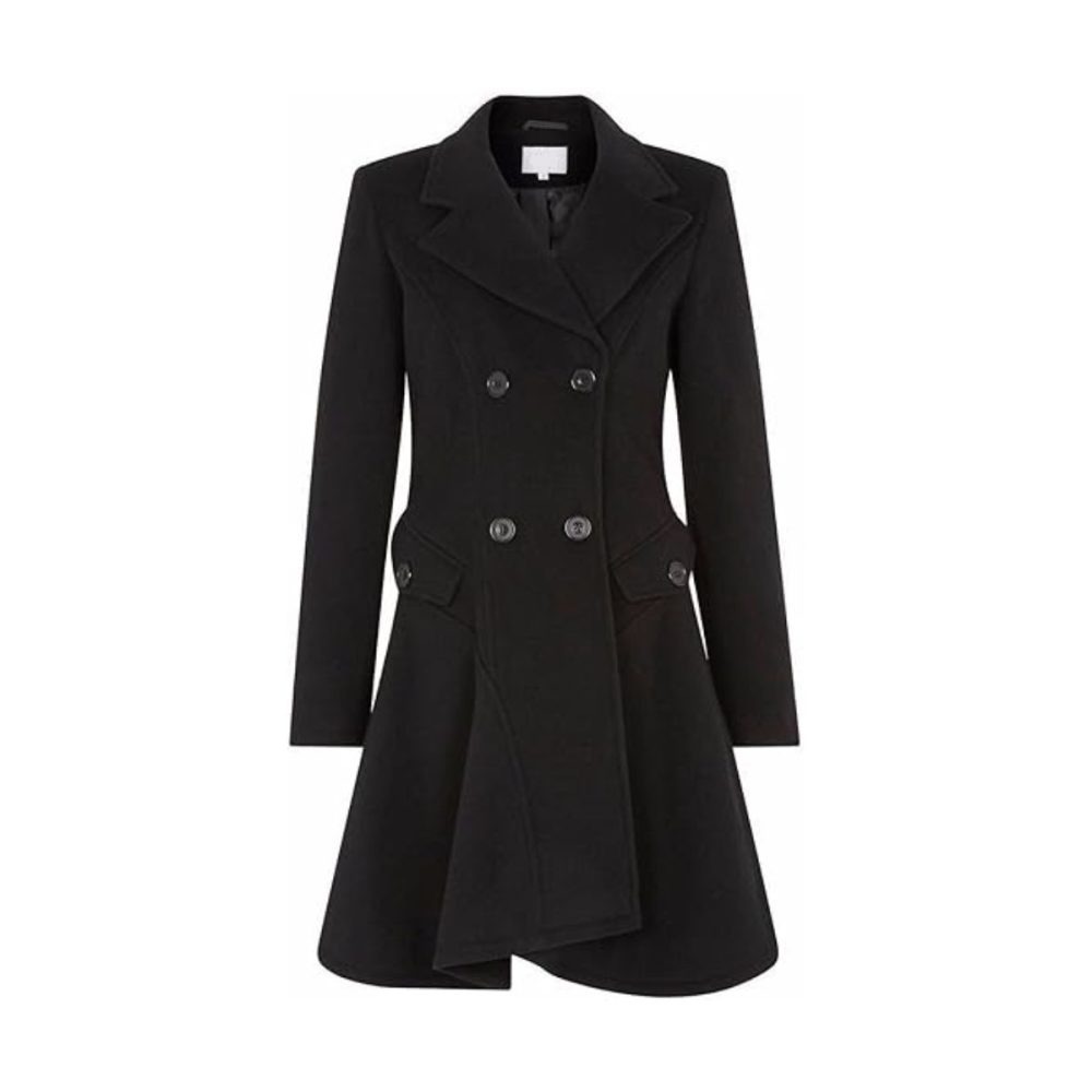 Womens Black Wool Double Breasted Flare Coat