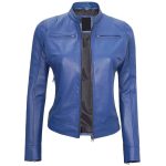 Womens Cafe Racer Blue Leather Jacket