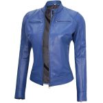 Womens Cafe Racer Blue Leather Jacket