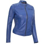 Womens Cafe Racer Blue Leather Jacket