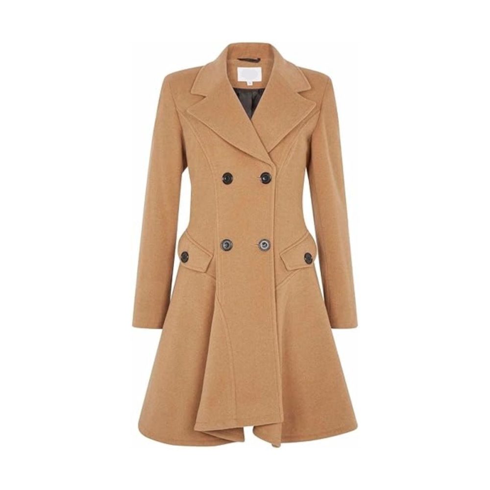 Womens Camel Wool Double Breasted Flare Coat