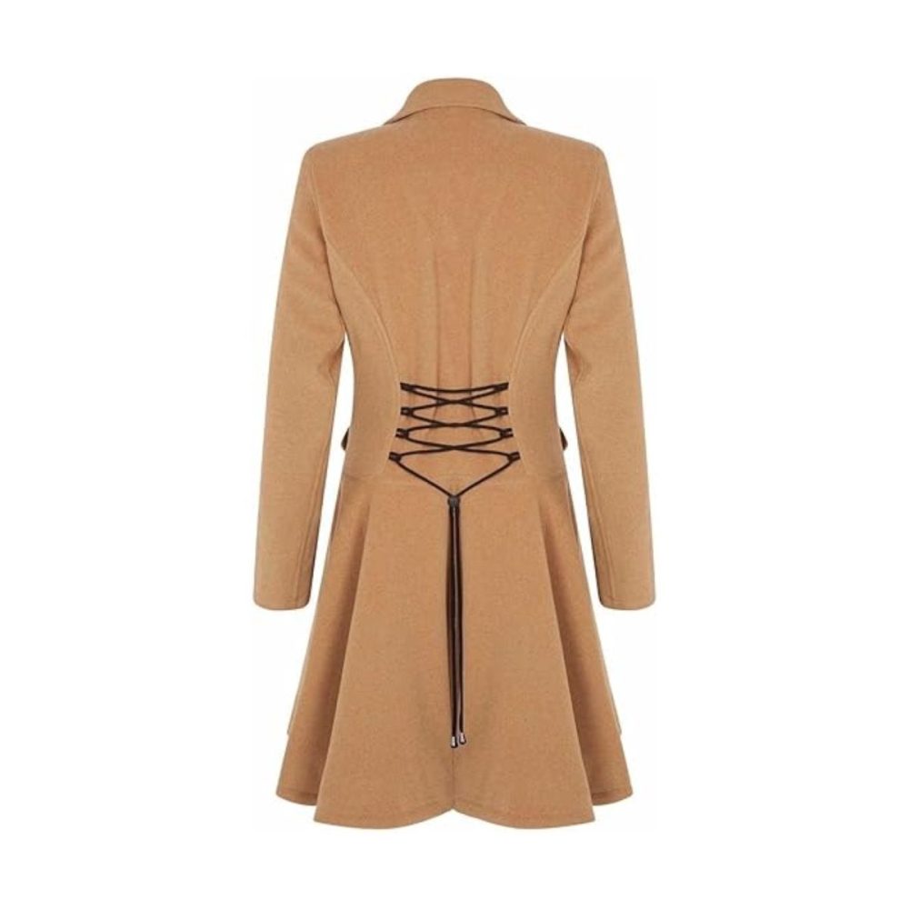 Womens Camel Wool Double Breasted Flare Coat
