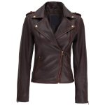 Womens Dark Brown Asymmetrical Leather Biker Jacket