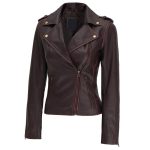 Womens Dark Brown Asymmetrical Leather Biker Jacket
