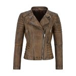Womens Dirty Brown Tops Zipped Leather Biker Jacket