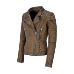 Womens Dirty Brown Tops Zipped Leather Biker Jacket