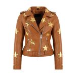 Womens Golden Stars Brown Leather Jacket