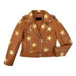 Womens Golden Stars Brown Leather Jacket
