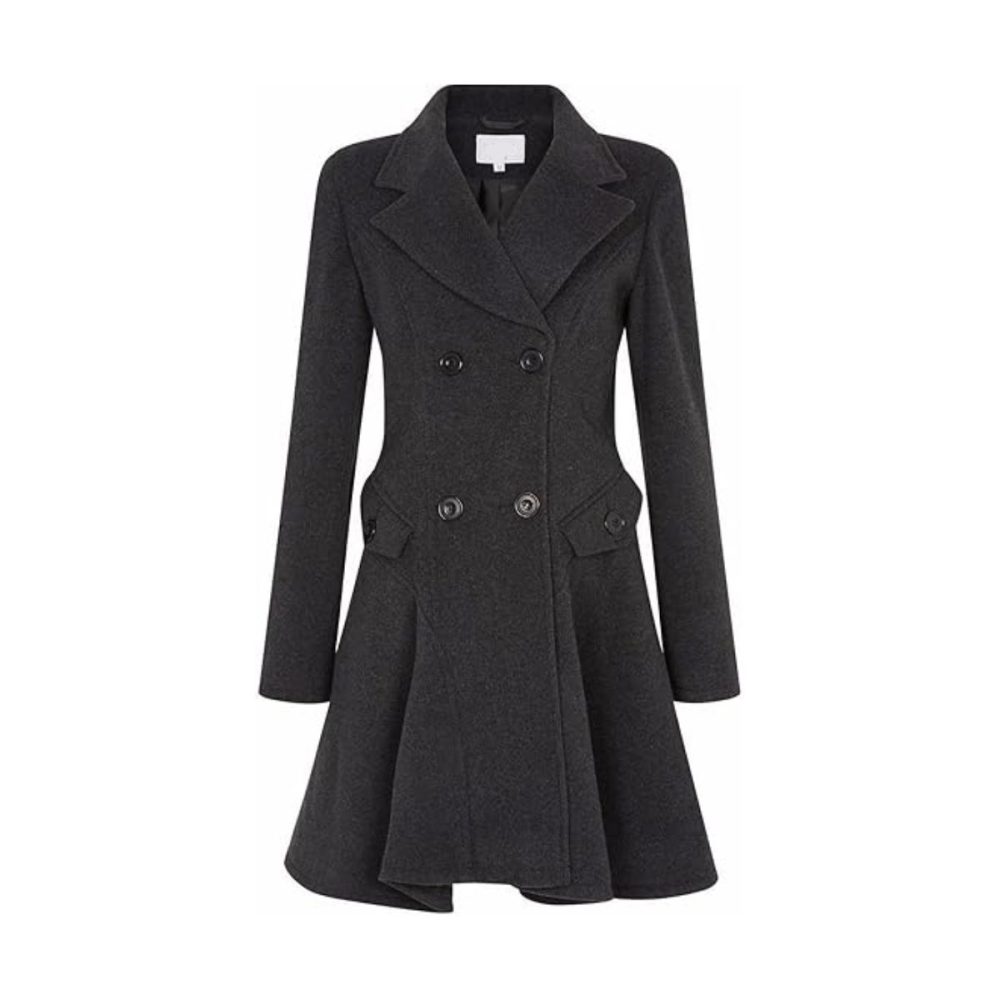 Womens Grey Wool Double Breasted Flare Coat