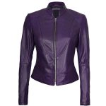 Womens Purple Leather Cafe Racer Jacket
