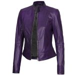 Womens Purple Leather Cafe Racer Jacket