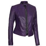 Womens Purple Leather Cafe Racer Jacket
