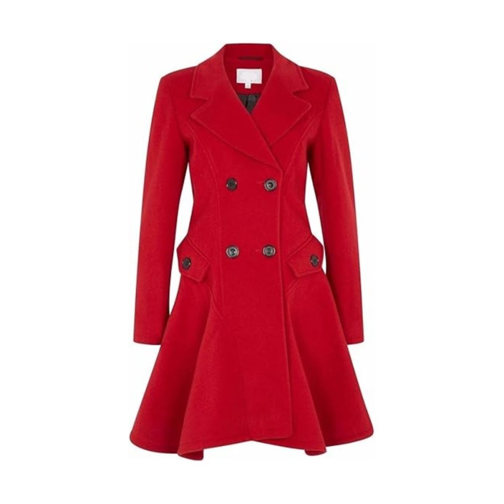 Womens Red Wool Double Breasted Flare Coat
