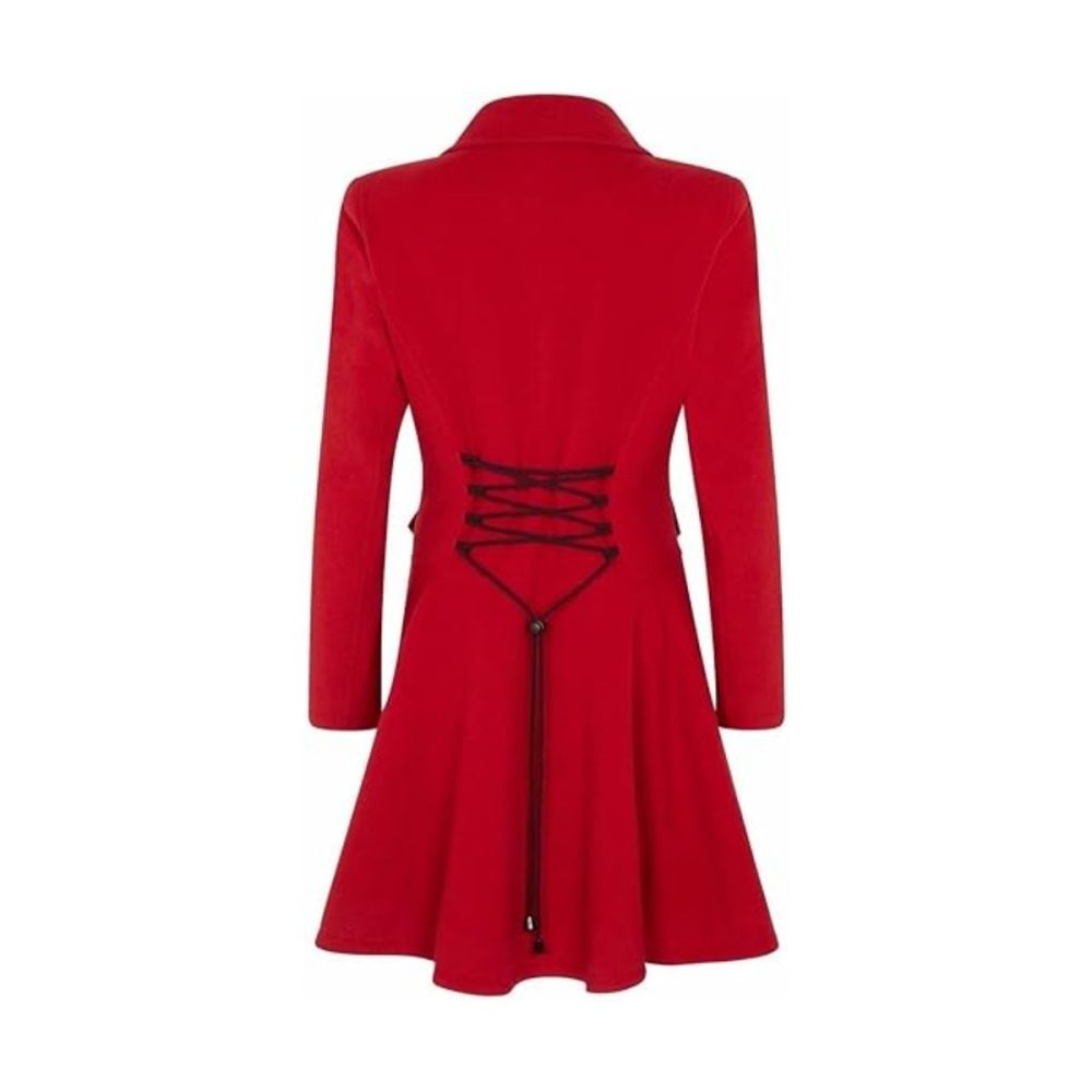 Womens Red Wool Double Breasted Flare Coat