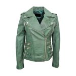 Womens Vintage Olive Green Leather Biker Jacket